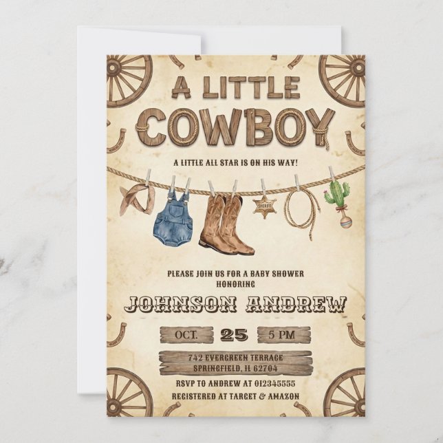 Convite Chá de Bebê Um Pequeno Cowboy Está a Caminho  (Frente)