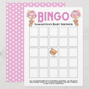 Convite Chá de Bebê Ursa Menina Jogo de Bingo Cor-de-Rosa 