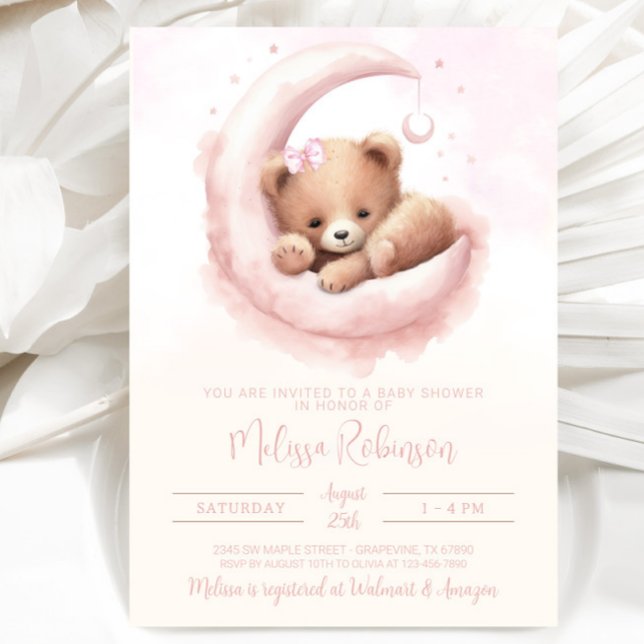 Convite Chá de Bebê Ursinha Rosa Água-Marinha (Sweet watercolor baby girl bear with pink bow. Simply add your event details.)