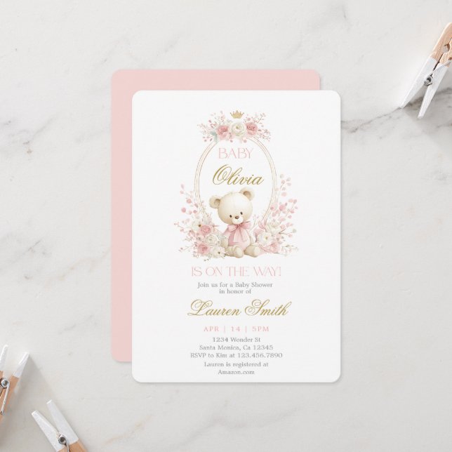 Convite Chá de Bebê Ursinho Bebê Menina (Frente/Verso In Situ)