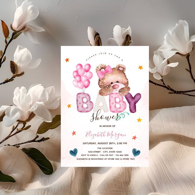 Convite Chá de Bebê Ursinho Teddy Adorável Estrelas Coraçõ (Criador carregado)