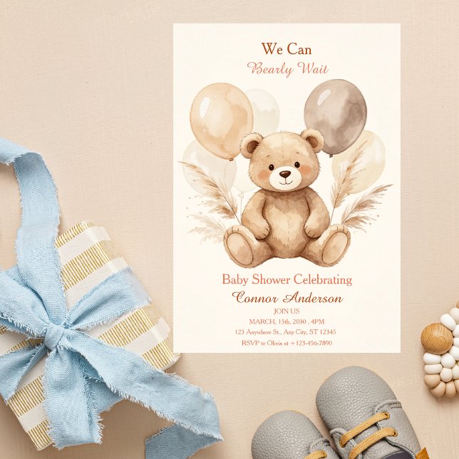 Convite Chá de Bebê Urso Aguarda com Aquarela (Criador carregado)