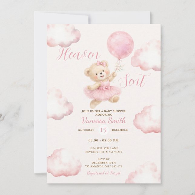 Convite Chá de Bebê Urso Bebê Rosa Nuvem Céu Enviado (Frente)