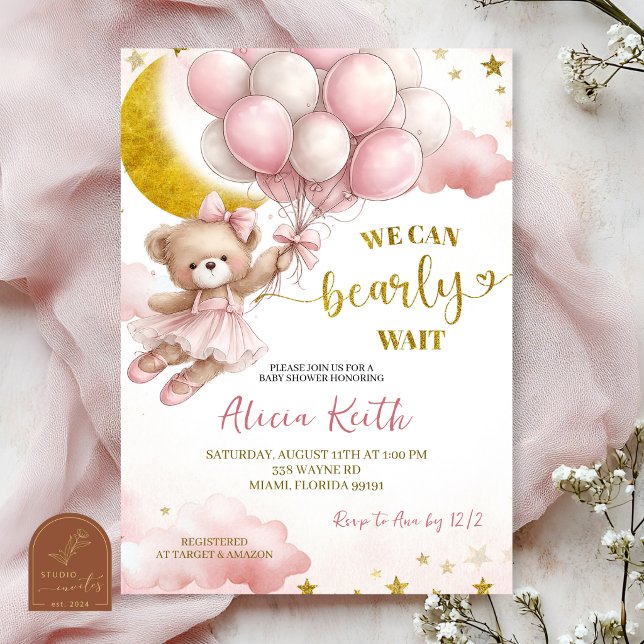 Convite Chá de Bebê Urso Coquette com Laço Rosa e balão (Criador carregado)