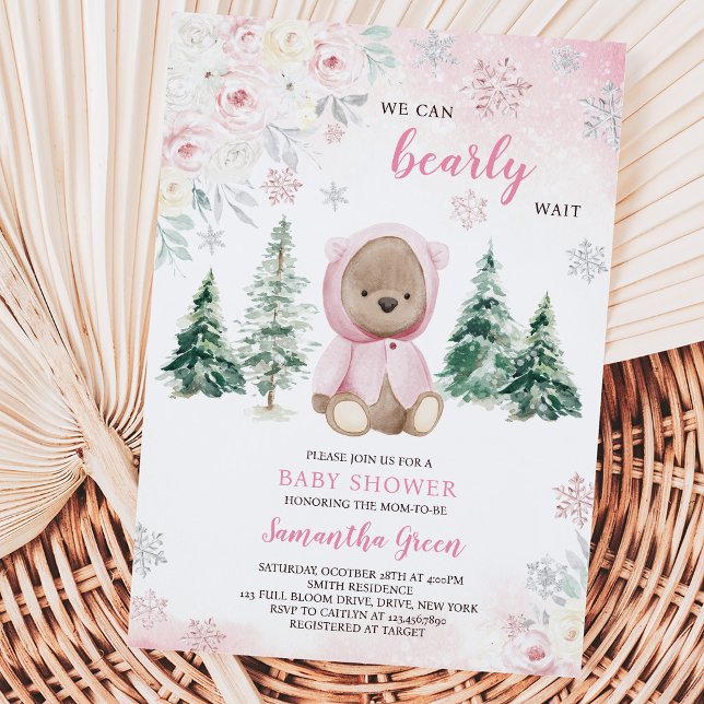 Convite Chá de Bebê Urso de Inverno Rosa (Criador carregado)