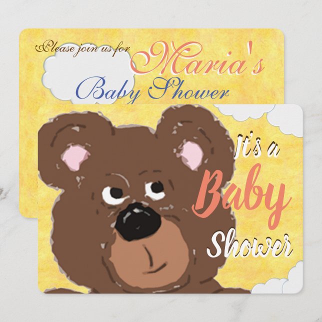 Convite Chá de Bebê Urso de Pelúcia Amarelo Brilhante (Frente/Verso)