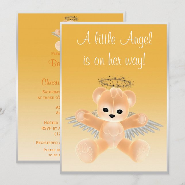 Convite Chá de Bebê Urso de Pelúcia Anjo Laranja (Frente/Verso)