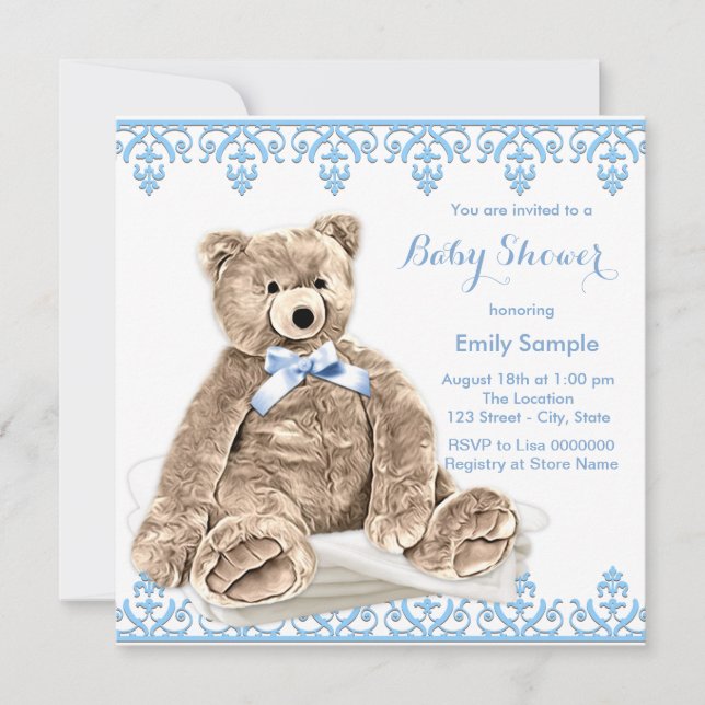 Convite Chá de Bebê Urso de Pelúcia Azul (Frente)