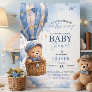 Convite Chá de Bebê Urso de Pelúcia Azul Fofo em Balão de