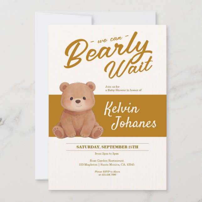Convite Chá de Bebê Urso de Pelúcia Bearly Wait Despojado (Frente)
