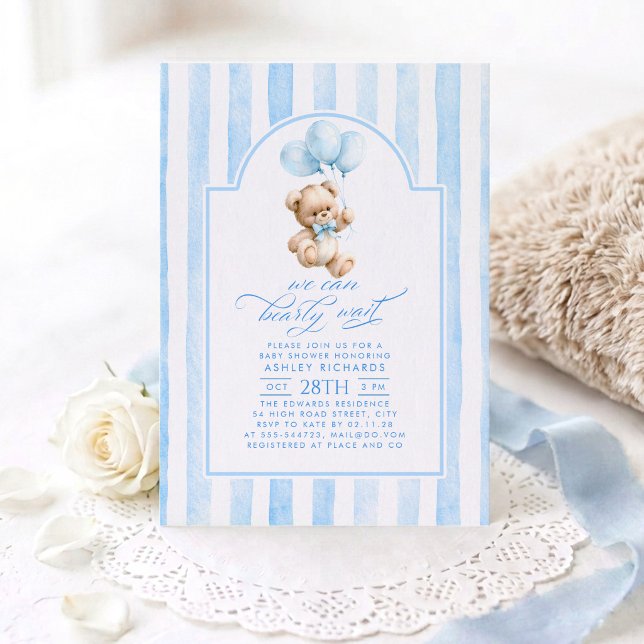 Convite Chá de Bebê Urso de Pelúcia Elegante Listras Azul  (Teddy Bear and Blue Balloons Baby Shower Invitations)