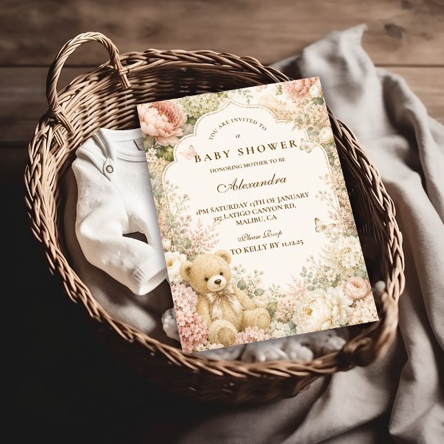 Convite Chá de Bebê Urso de Pelúcia Floral Botânica (Criador carregado)