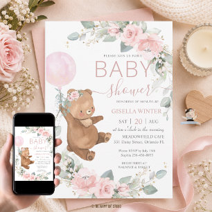 Convite Chá de Bebê Urso de Pelúcia Floral Rosa Soft