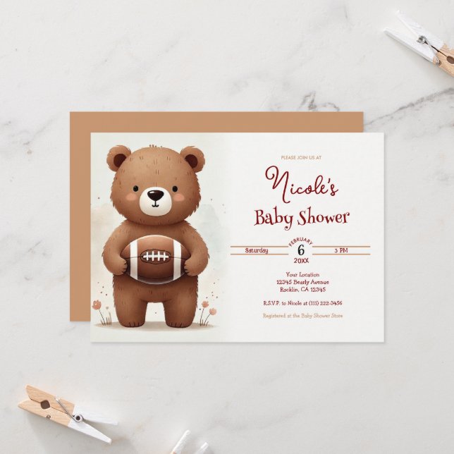 Convite Chá de Bebê Urso de Pelúcia Futebol Aquarela (Frente/Verso In Situ)