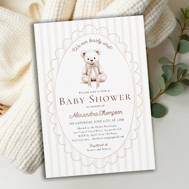 Convite Chá de Bebê Urso de Pelúcia Listras Neutras Laço (bearly wait baby shower invitation traditional classic nursery decor stripes scallops teddy bear bow)