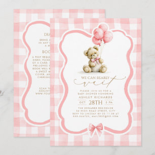 Convite Chá de Bebê Urso de Pelúcia Rosa Xadrez