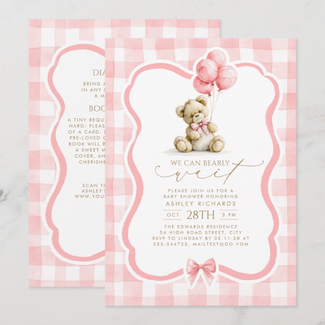 Convite Chá de Bebê Urso de Pelúcia Rosa Xadrez (Frente/Verso)