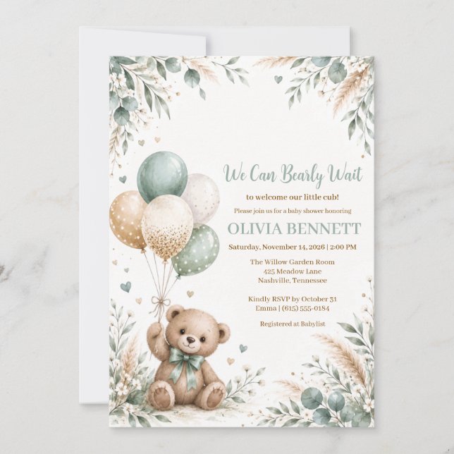 Convite Chá de Bebê Urso de Pelúcia Verde Oliva (Frente)