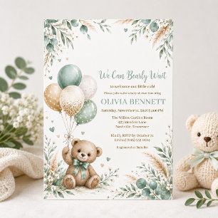 Convite Chá de Bebê Urso de Pelúcia Verde Oliva