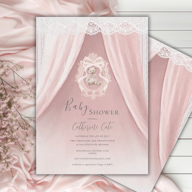 Convite Chá de Bebê Urso Elegante Caprichoso Rosa (Criador carregado)