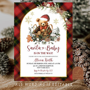 Convite Chá de Bebê Urso Festa de Natal Vermelho Tartan