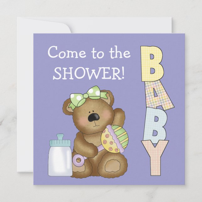 Convite Chá de Bebê + Urso Fofo com Chocalho de Bebê + Mam (Frente)