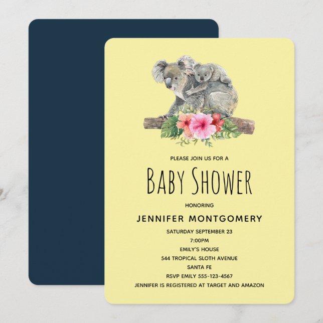 Convite Chá de Bebê Urso Koala em Aquarela Mãe e Bebê Fofo (Frente/Verso)