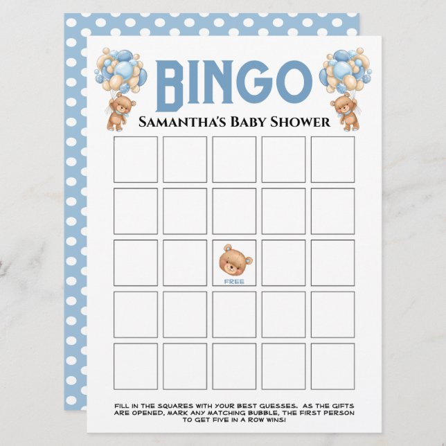 Convite Chá de Bebê Urso Menino Jogo de Bingo Azul Espuman (Frente/Verso)