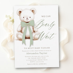 Convite Chá de Bebê Urso Moderno Sage Bow Esperando Ansios