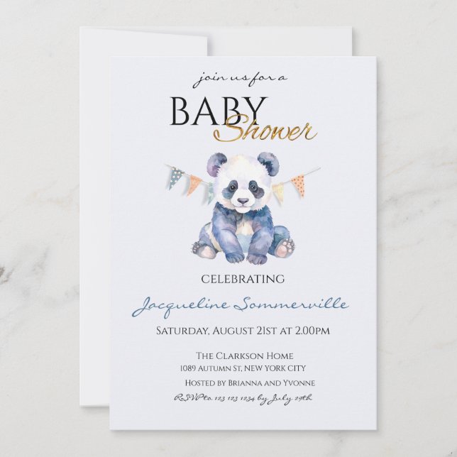 Convite Chá de Bebê Urso Panda em Aquarela (Frente)