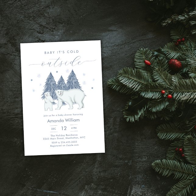 Convite Chá de Bebê Urso Polar Floresta de Inverno (Winter Woodland Polar Bear Baby Shower Invitation)