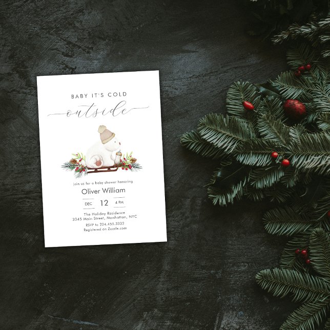 Convite Chá de Bebê Urso Polar Trenó Floresta de Inverno (Winter Woodland Sleigh Polar Bear Baby Shower Invitation)