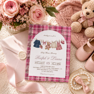 Convite Chá de Bebê Urso Rosa Xadrez Dinheiro Antigo