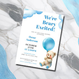 Convite Chá de Bebê Urso Sentado Balão Azul Aquarela