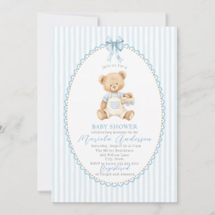Convite Chá de Bebê Urso Teddy Aquarela Elegante laço azul