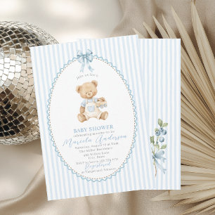Convite Chá de Bebê Urso Teddy Aquarela Elegante laço azul