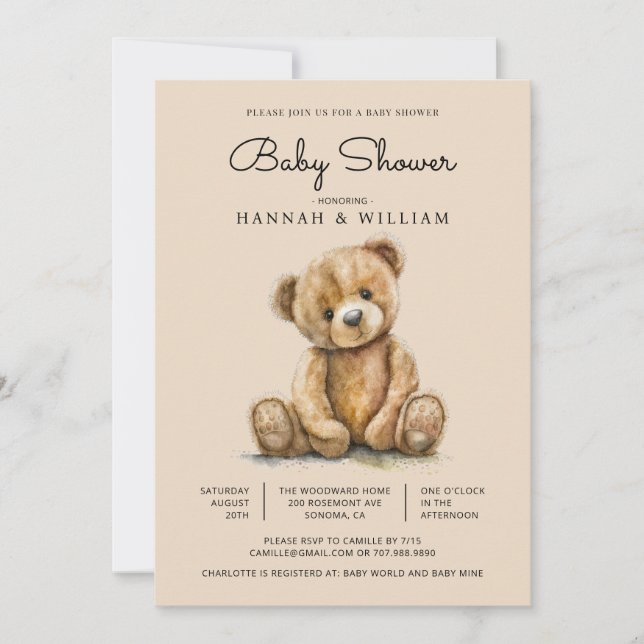 Convite Chá de Bebê Urso Teddy Aquarela Fofa (Frente)