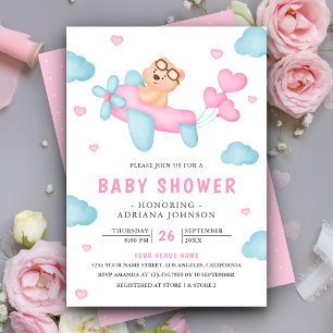 Convite Chá de Bebê Urso Teddy Avião Rosa Fofo