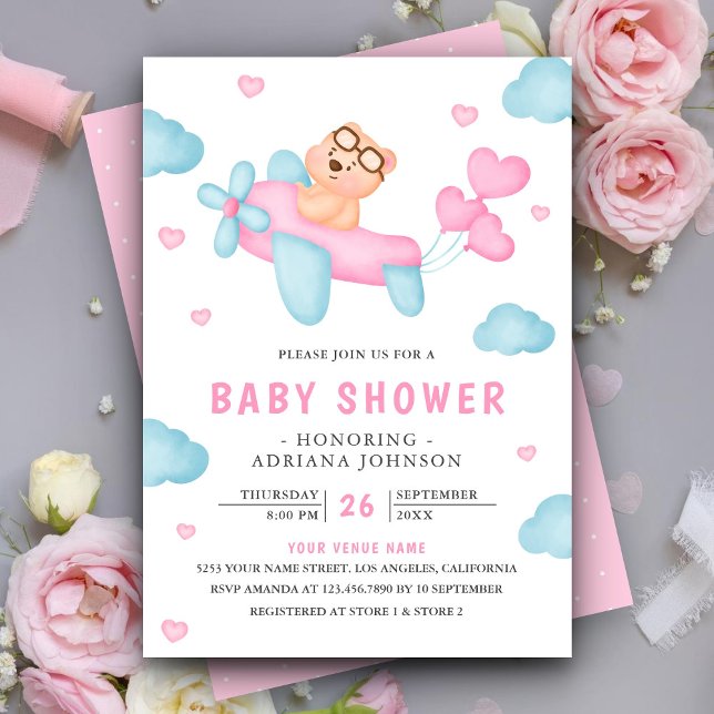 Convite Chá de Bebê Urso Teddy Avião Rosa Fofo (Criador carregado)