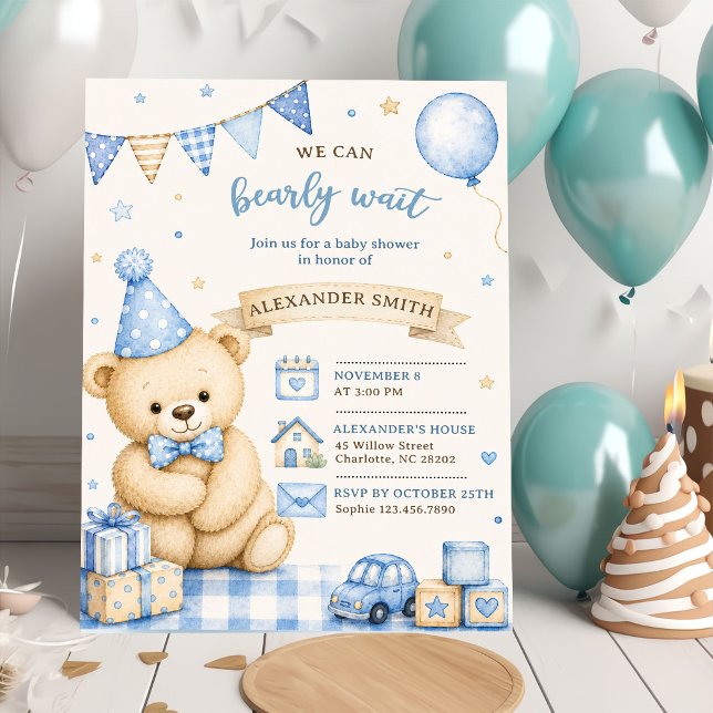 Convite Chá de Bebê Urso Teddy Azul Mal Podemos Esperar (Criador carregado)