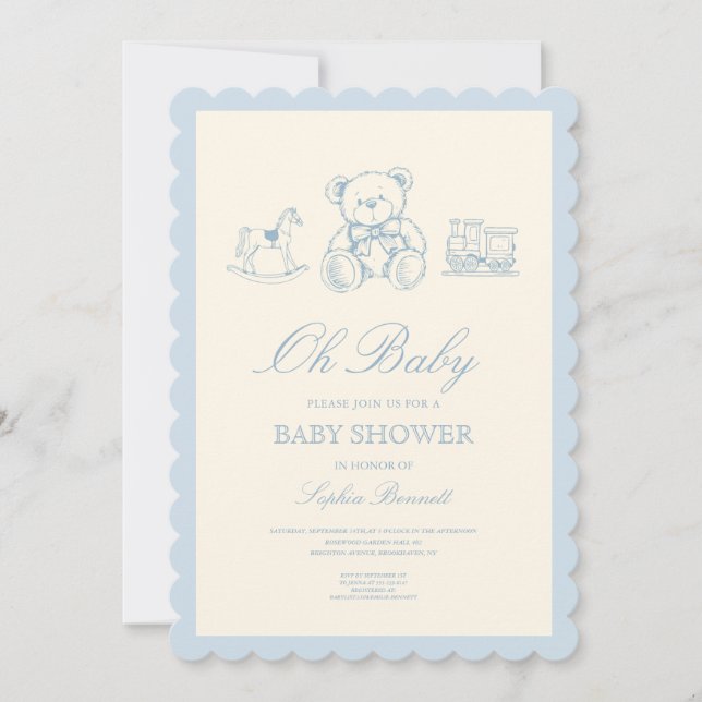 Convite Chá de Bebê Urso Teddy Azul Pastel Clássico (Frente)