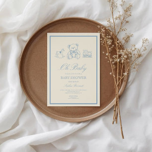 Convite Chá de Bebê Urso Teddy Azul Pastel Clássico