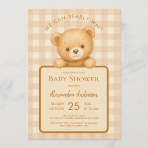 Convite Chá de Bebê Urso Teddy Bear e Xadrez Marrom