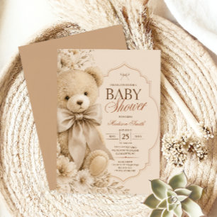 Convite Chá de Bebê Urso Teddy Bege Elegante