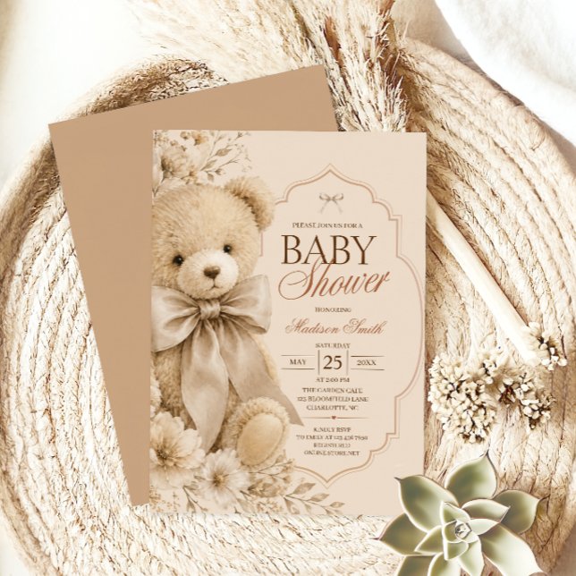 Convite Chá de Bebê Urso Teddy Bege Elegante (Criador carregado)