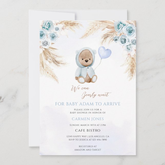 Convite Chá de Bebê Urso Teddy Boho (Frente)