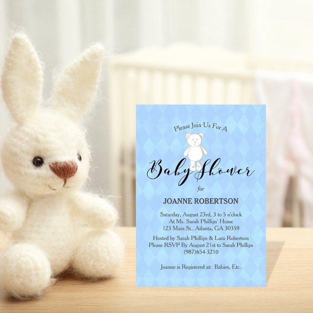 Convite Chá de Bebê Urso Teddy Branco Diamante Azul (Criador carregado)