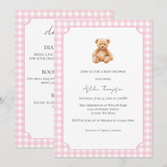 Convite Chá de Bebê Urso Teddy Clássico Preppy Completo (Frente/Verso)