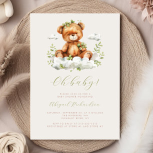 Convite Chá de Bebê Urso Teddy com Eucalipto em Aquarela V