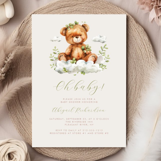 Convite Chá de Bebê Urso Teddy com Eucalipto em Aquarela V (Criador carregado)